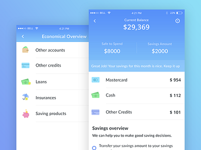 Savings + Economic Overview (Bank app mock ups) app balance bank cash current economic loan mastercard overview savings settings ui