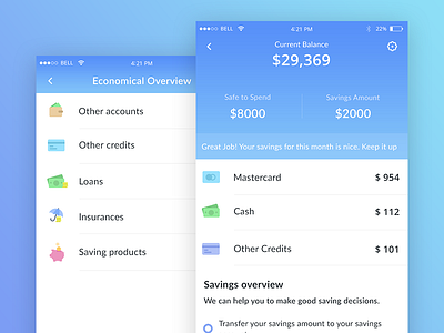 Savings + Economic Overview (Bank app mock ups)