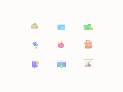 Icons from bank app mock ups card cash credit debit graph icons pig savings suitcase umbrella wallet