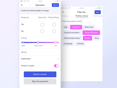 Questions and filter by section (WIP) answer app dating filter online priority profile public question radius ui