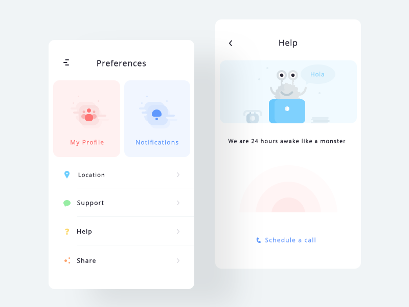 Settings and help (Unused element part 12) share support settings profile preferences notification location ui ios help assistance android