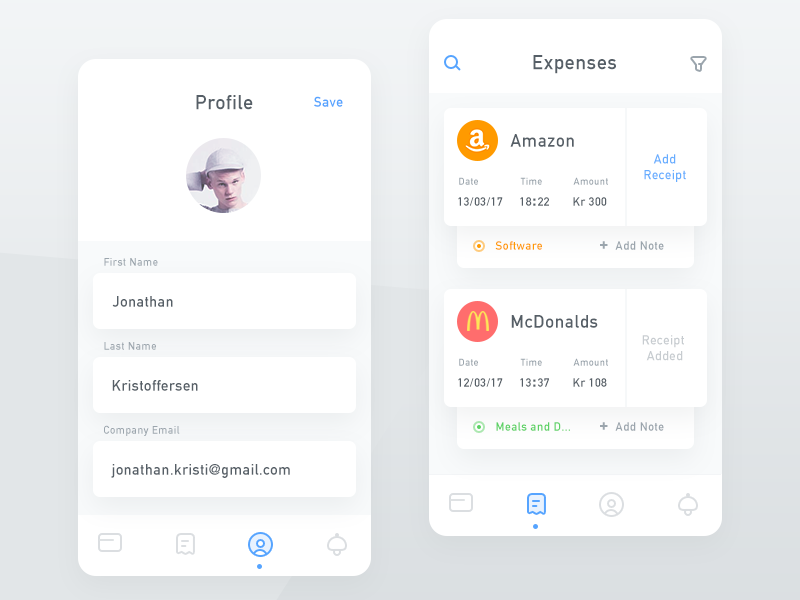 Expense screen and profile explorations receipt search filter plastic virtual card setting notification profile ui report expense