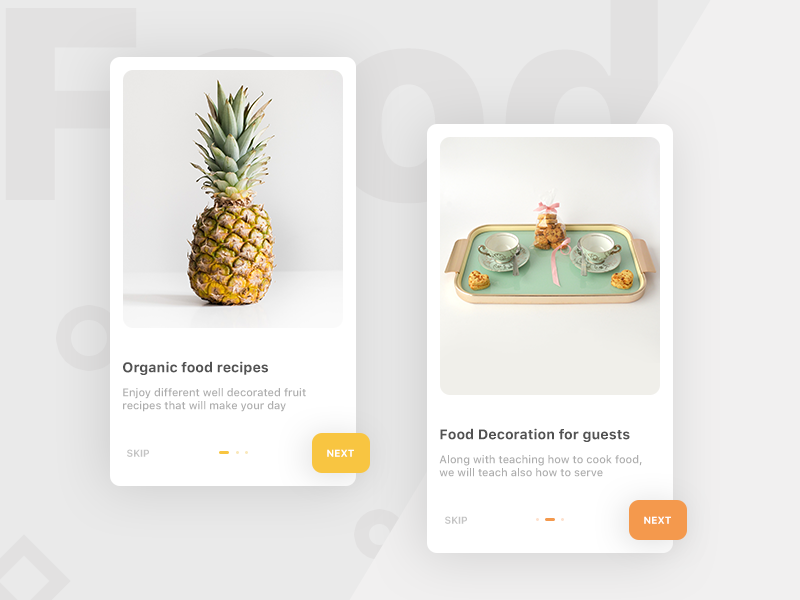 Food App Onboarding (unused element part 20) cuisines recipes plates share slider next skip onboarding android ios app food