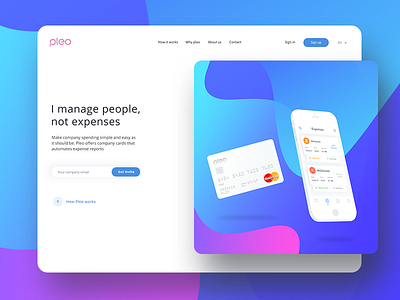 Pleo Header Exploration (WIP 3) aboutus contact card credit debit header pleo expense report bank search signin language ui web ios android video plastic virtual