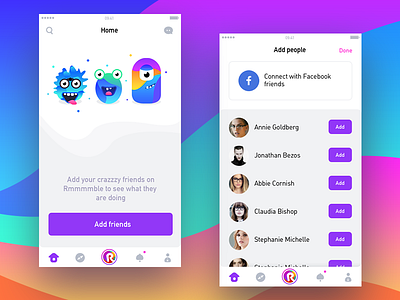 Add People screens connect discover facebook friends group home notification profile rumble share sharing app user