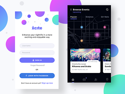 Xcite App Login and Browse Events browse event find gps ios location popular signin signup trending ui