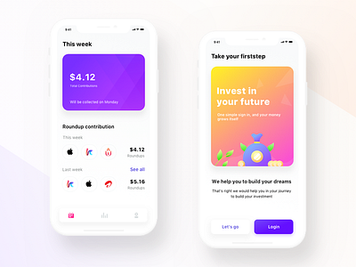 Firststep investment app mockups app cash createaccount investment login money profile signup statistics time ui users