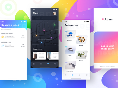 Atrum all screens (mockups) category cloudy explore gps instagram login maps minimal profile rain search bar ui