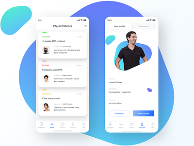 Project status + User profile approve chat ios mobile neel pharma pharmacy photoshop pic prakhar preferences product profile project project management reject settings status ui user