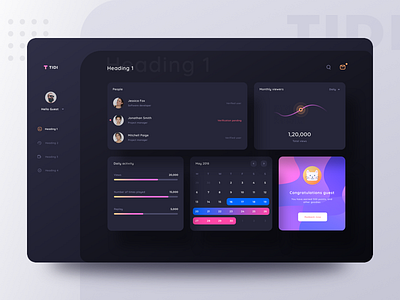 Tidi dashboard night mode ON calendar dark dashboard dashboard ui graph home message mode neel night prakhar profile search sharma sidemenu statistics ui ux design user web webapp