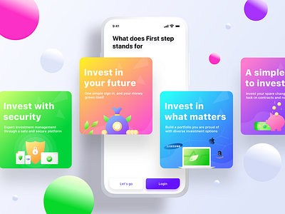 Firststep onboarding android balls card cards createaccount gradient investment ios login neel onboarding onboarding illustration pig prakhar savings scroll security sharma signup windows