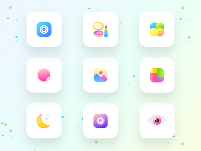 Feature cards icons of photo beautification app (source) camera collage editor eyes filter gallery landscape moon neel night paint photo prakhar sharma sketch sketchapp sticker ui uidesign uiux