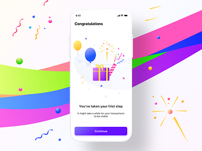 Congratulations screen FirstStep android balloons button gift gradient illustration investment ios iphone mockup modal neel popup portfolio prakhar sharma sketch ui uidesign uiux