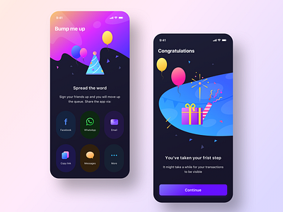 Bump_me_up + Congratulations screen DARK MODE (FirstStep app) app application branding dark dark mode digital gradient investment logo message mobile neel night prakhar product sharma ui uidesign uiux vector