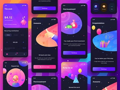 FirstStep Dark mode (All screens) 2019 app app design apple dark dark mode dark ui gradient graph ios iphone mobile neel night onboarding prakhar screen sharma trending trending graphics