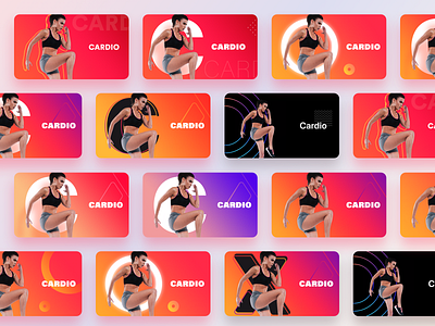 Fitness app Cardio section cards versions app body branding cardio cards design fitness fitness logo gradient gym health illustration ios neel prakhar running sharma ui ux web