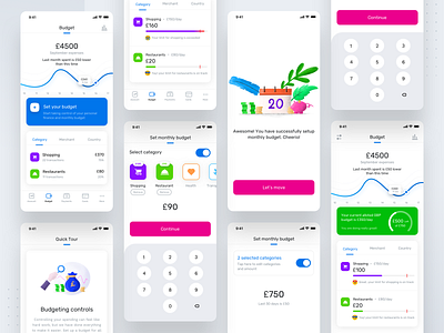 Budget setup all screens (Version 2) budget design digital digital illustration grid icon ios keyboard keypad minimal neel onboarding prakhar restaurant sharma shopping switch trending ui uiux