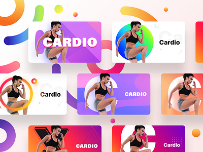 Fitness app Cardio section cards version II camera cardio fitness gradient graph gym health heart home illustration image mobileapplicationdesign neel prakhar record running shapes sharma squats uiux
