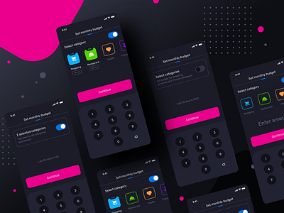 Budget setup : set categories and input amount (Version2) app design application button calculator category dark health ios iphonedesign mode neel night numberpad prakhar sharma shopping switch ui userexperience userinterface
