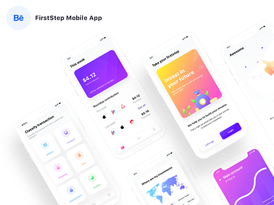 FirstStep mobile app Case study app apple application design gradient icon illustration investment minimal mobile neel prakhar profile sharma shopping transport trending ui ux web