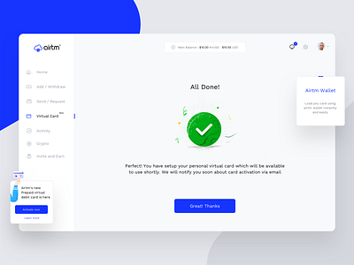 Airtm Card Confirmation notification activity app balance bank crypto home illustration ios neel notification prakhar prepaid refer settings sharma ui virtualcard web website withdraw