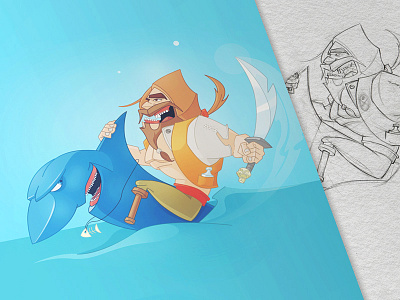 Pirate character design drawing fun game illustration pirate process sea shark