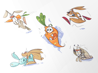 Rabbits carrot characters drawing fun process rabbit run scare sketch