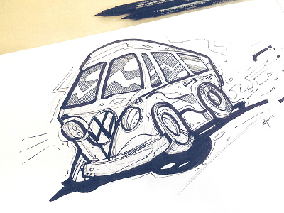 VW buss character drawing ink like pencil sketch spovv van volkswagen vw