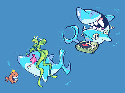 Shark Party cartoon character characterdesign dj fish fun illustration music party shark spovv
