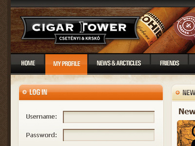 Cigartower active cigar form header login logo menu orange ui website