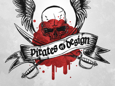 Pirates of Design blood logo pirate red ribbon skull sword wings