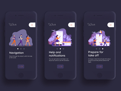 Orboarding Wair airport app dark darkui design mobile ui ux web