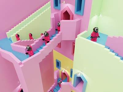 The maze from Squid game 3d blender illustration lego maze netflix pink series