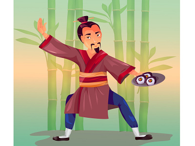 samurai and sushi cartoon design illustration sketch vector