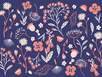 Wild Flowers Pattern blue design digital art floral floral design illustration leaves pattern pattern art pattern design pink procreate wild flowers