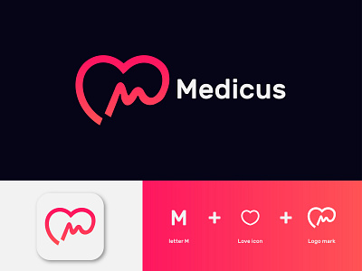 Medicus logo mark, M + heart, letter mark / logo design symbol