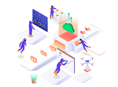 Isometric Astronauts working with Cloud Servers astronauts block five block five charts cloud cloud computing data design drone illustration input isometric isometric illustration output people space system team vector working