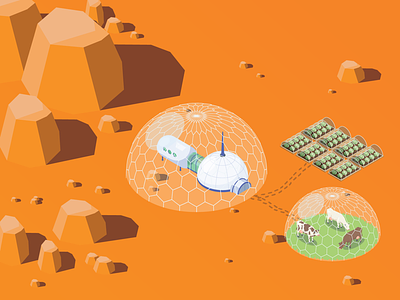 Mars Farming 🐄🥬 block five blockfive buildings colony cows crops design designer farm farming figma illustration illustrator mars photoshop planet rocks space vegetables