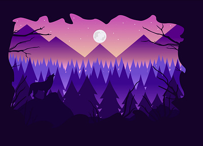 A view from the cave Illustration cave flat illustration moon mountain purple wolf