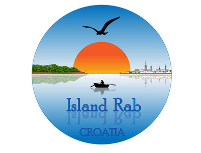 Island Rab, Croatia - Illustration blue boat croatia fisherman green island islandrab sea seagull sun sunset