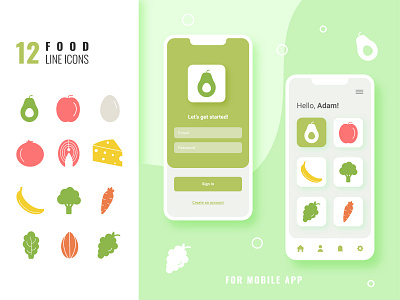 12 Line Icons Set about healty food for Mobile App