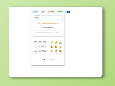 Tag-picker with Emoji Tags & Create New Option : WORKetc CRM adobe xd angular b2b component crm dashboard emoji material design saas small business ui ui ux ux