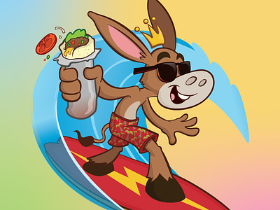 Surfin Burrito Character 2d adobe illustrator cancun cartoon cartoon mascot character design cute design donkey cartoon food mascot guy fieri illustration mexico restaurant vector