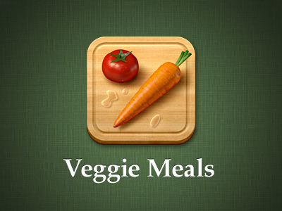 Refreshed Veggie Meals icon branding carrot cutting board drops eat food icon ios linen meals texture tomato vegetarian veggie wood