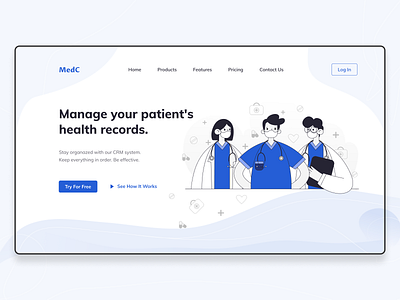 Promo landing page for medical CRM crm design figma design figmadesign illustration landing page landing page design landingpage layout medical promo ui ui ux ui design uidesign uiux user interface design