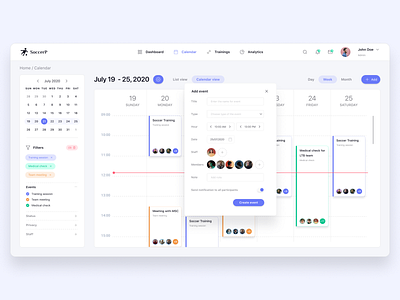 Calendar and event creation for soccer platform admin dashboard admin panel calendar design calendar ui crm design events figma design figmadesign soccer ui ui design uiux user interface design