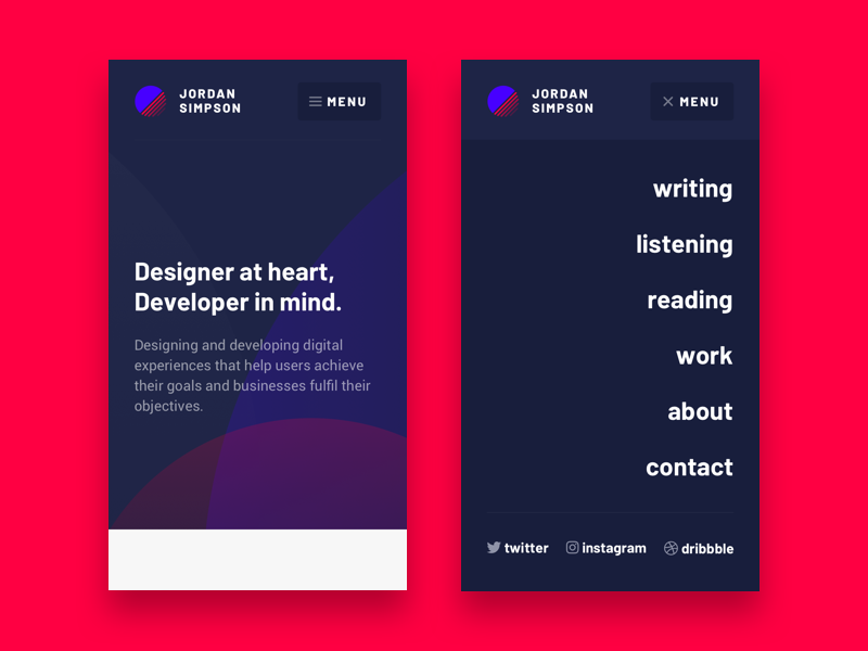 Personal Website - First Iteration - Mobile menu navigation mobile user interface ui personal website blog brand
