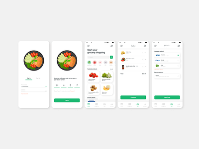 Grocery shopping app grocery app grocery list grocery online grocery store mobile app mobile app design online shopping online store payment method product catalog product design product details product list product page registration shopping app shopping cart sign in sign up verification