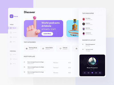 Podcat UI Dashboard 3d black branding chart clean dashboard design desktop graphic design illustration minimal minimalist mobile podcast purpple ui ux web website white