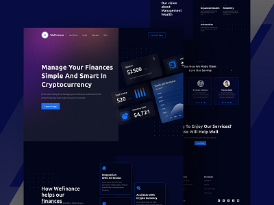 WeFinance | landing page financial bitcoin black blue branding coin concept crypto dekstop design finance financial fintech graphic design landing page minimal ui ux web webdesign website